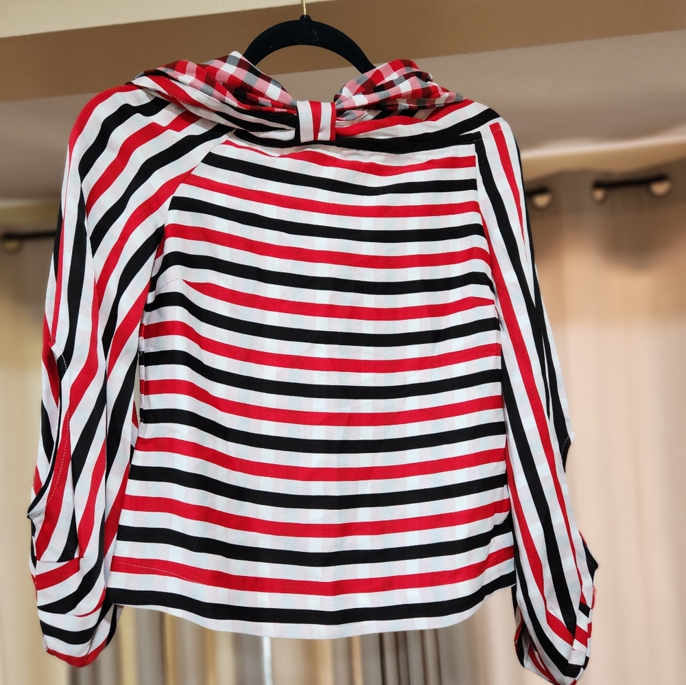 Hellessy Striped Plaid Bow Hooded Blouse Runway Ballon Sleeve